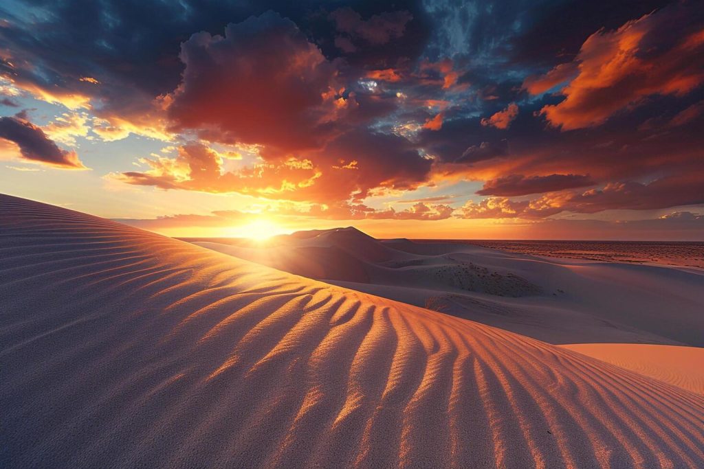 Sunset over the Sahara with luxury desert tent, cushions, and carpets set up for stargazing under a golden sky.