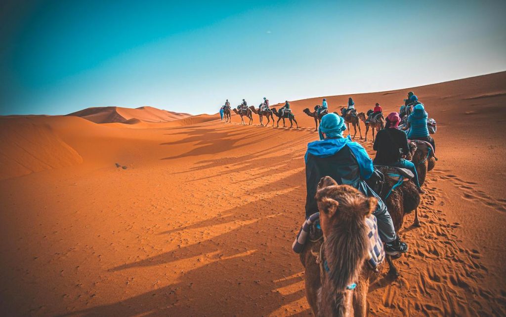 Camel trek through the golden dunes of Erg Chebbi with luxury tents in the background at sunset