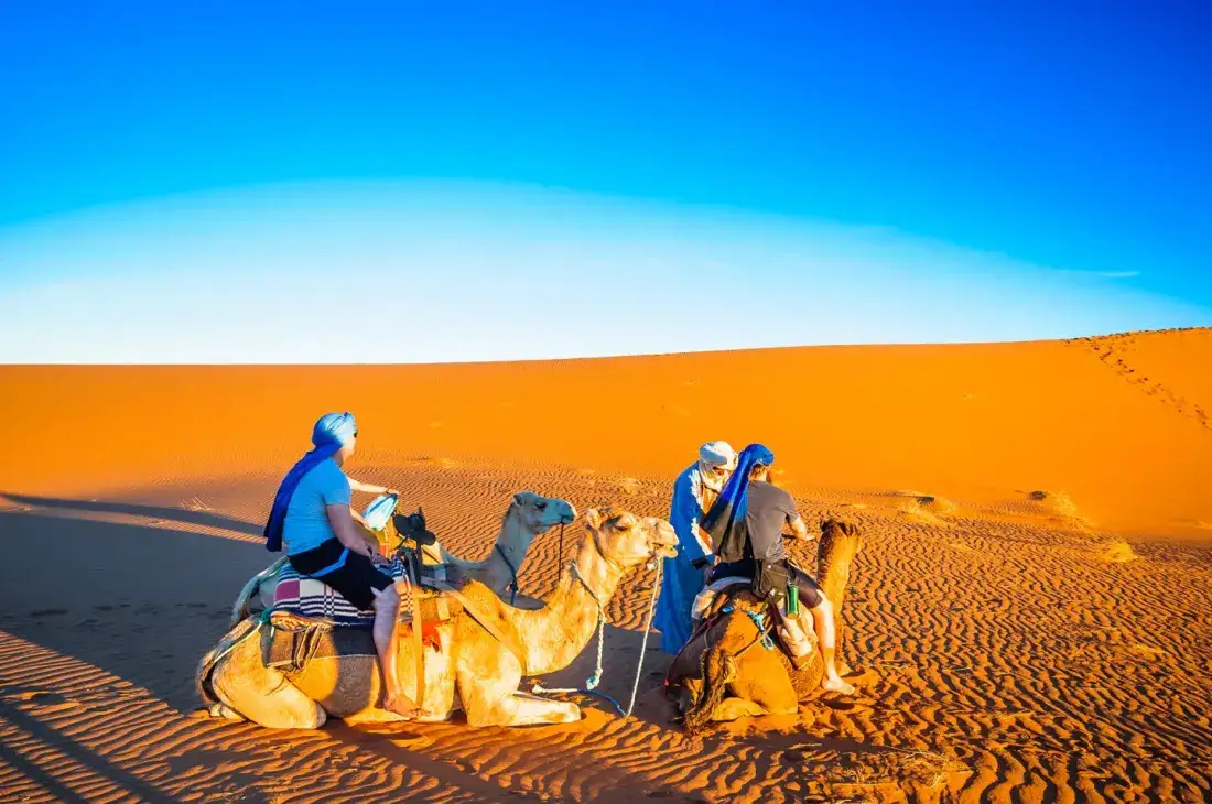 Guias berberes a descansar com camelos nas dunas – Viagem de 2 dias ao deserto de Zagora a partir de Marrakech