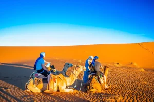 Guias berberes a descansar com camelos nas dunas – Viagem de 3 Dias ao Deserto do Saara a Partir de Fez