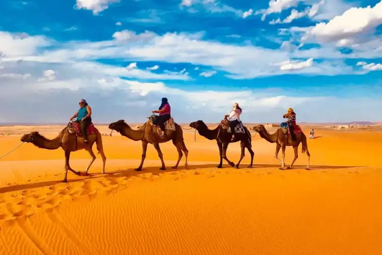 Quatro viajantes a andar de camelo pelas dunas – Viagem de 5 Dias ao Saara a Partir de Casablanca