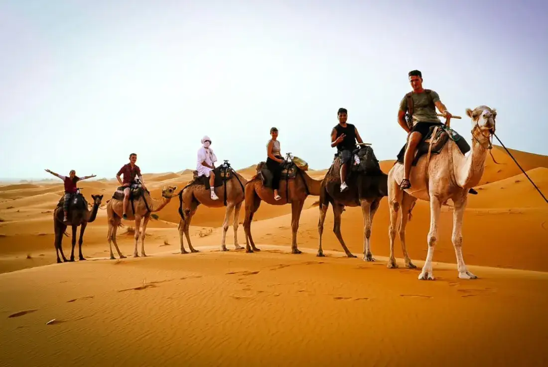 Cavaleiros de camelo a atravessar dunas cor de laranja – Roteiro essencial de 8 dias no Marrocos a partir de Marrakech
